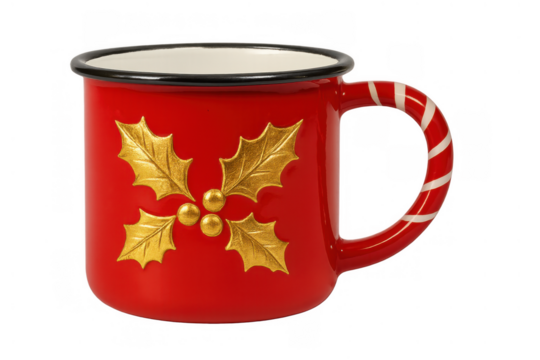 Red christmas enamel mug with golden holly design and candy cane striped handle, celebrating holiday festive season