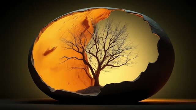Tree in eggshaped dark shell with orange glow behind it