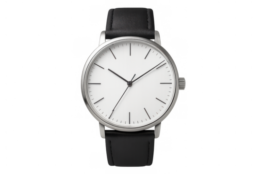 Minimalist wristwatch with black leather strap on transparent background displaying time and style