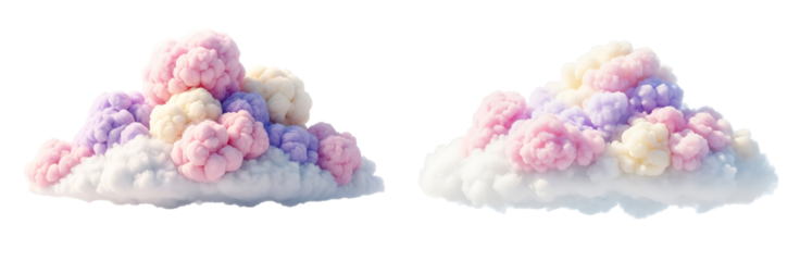 Whimsical fluffy pastel clouds made of soft colorful pom poms isolated on a white background, dreamy abstract illustration