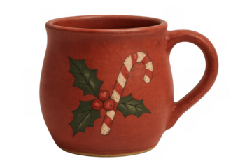 Red ceramic mug for hot drinks featuring a holiday design with candy cane and holly berries, transparent background