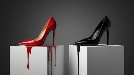 Two high heels red  black atop cubes with matching liquid drips against a gray background