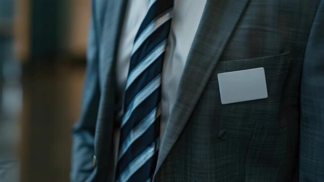 A person wearing a smart suit with a name tag on the pocket square, giving an air of professionalism.