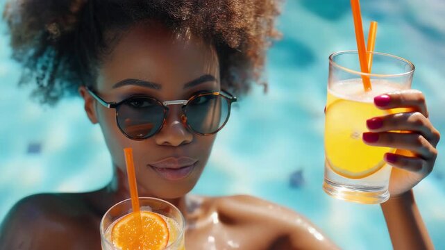 A cheerful young lady wearing sunglasses and a summer dress is sipping on an orange drink while sunbathing. She is smiling at the camera, exuding a sense of relaxation and contentment.