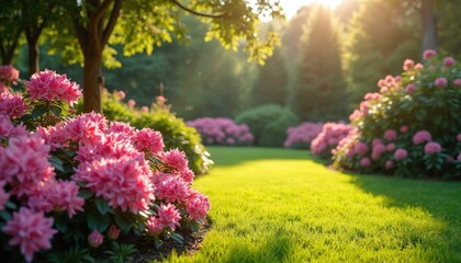 Obraz premium A lush garden path lined with pink rhododendrons and green bushes. Sunlight streams through trees illuminating a verdant lawn. Nature scene with blooming flowers in summer.