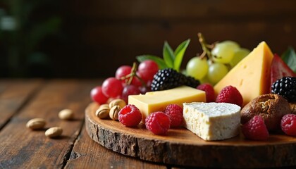 Assorted cheese platter with berries nuts and grapes on wooden board. Gourmet selection of dairy delights ready for tasting and sharing. Perfect for parties and gatherings.