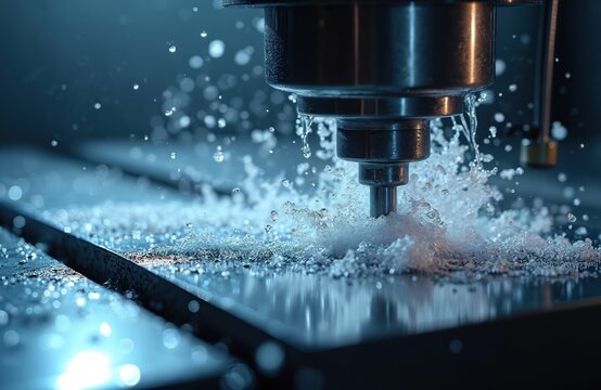 Vertical cnc mill cuts metal part with coolant spray splashing water creating foamy bubbles. Industrial machine tool works with precision metalworking in factory. Precision manufacturing automation.