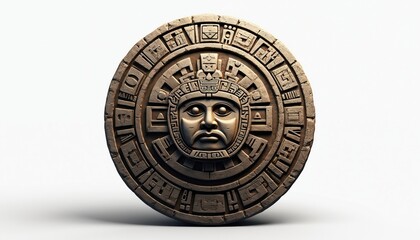 Fototapeta premium Aztec calendar illustration features round carved stone face. Ancient civilization art cultural icon, religion, old world symbols. Artwork good for history archeology, time prediction projects.