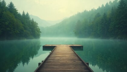 Naklejka premium Wooden dock on calm green lake at foggy morning. Rich green forest surrounds tranquil water. Misty mountains in background. Peaceful nature scene, wilderness.