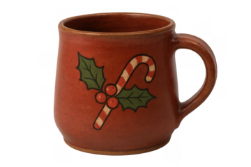 Rustic ceramic mug displaying a charming candy cane and holly design, representing christmas joy and winter holiday spirit, isolated