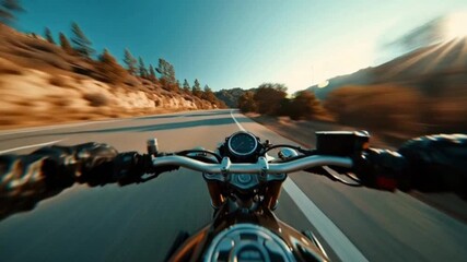 Cinematic Close-Up of a Motorcyclist Riding on a Bike, Captured from the Front View with Camera Tracking, Showcasing High-Speed Action, Adrenaline-Fueled Motion, Thrill, and Dynamic Adventure