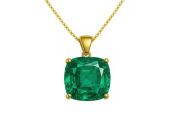 Emerald gemstone pendant featuring a cushion-cut green jewel set in gold, hanging from a thin chain, transparent background