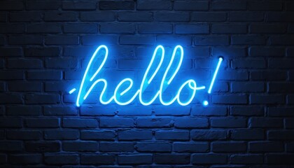 Blue neon hello sign glows on dark brick wall. Simple word art conveys greeting and welcome. Modern retro electric text decorates nightclub bar entrance.