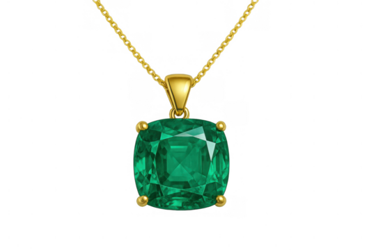 Emerald gemstone pendant featuring a cushion-cut green jewel set in gold, hanging from a thin chain, transparent background