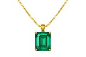 Emerald gemstone pendant on gold chain necklace. Luxury jewelry accessorizing elegance and beauty with transparent background