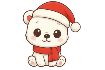Cute polar bear cub wearing santa hat and red scarf, celebrating christmas and winter holidays, transparent background