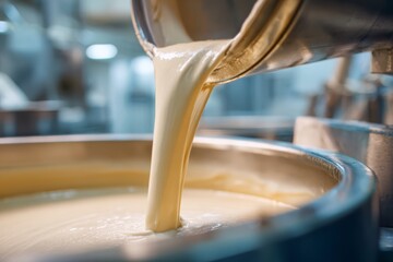 Industrial process featuring the pouring of a viscous liquid into a large, stainless steel container, suggesting the production of dairy or food products in a factory setting.