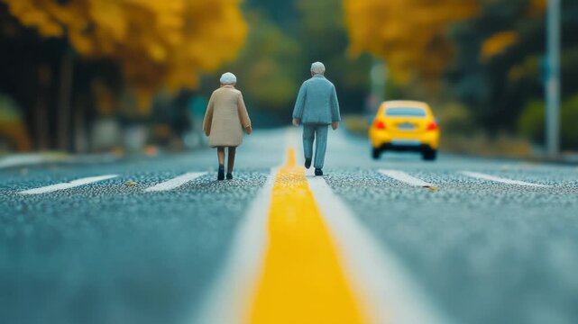 A tender moment captured of an older couple enjoying a leisurely walk together on a suburban street during autumn.