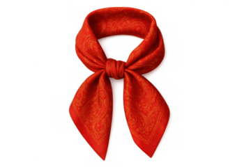 Red silk paisley neckerchief tied in stylish knot, elegant fashion accessory isolated on transparent background