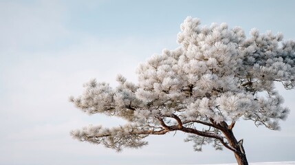 Frost-covered pine tree against pale blue sky in winter landscape  