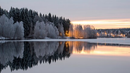 Fototapeta premium Frozen forest reflected in icy lake at pastel sunset 
