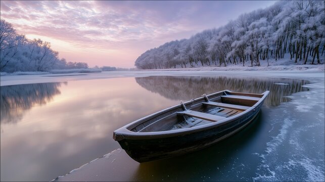 Frost-covered wooden boat floating on icy river at dawn - Powered by Adobe
