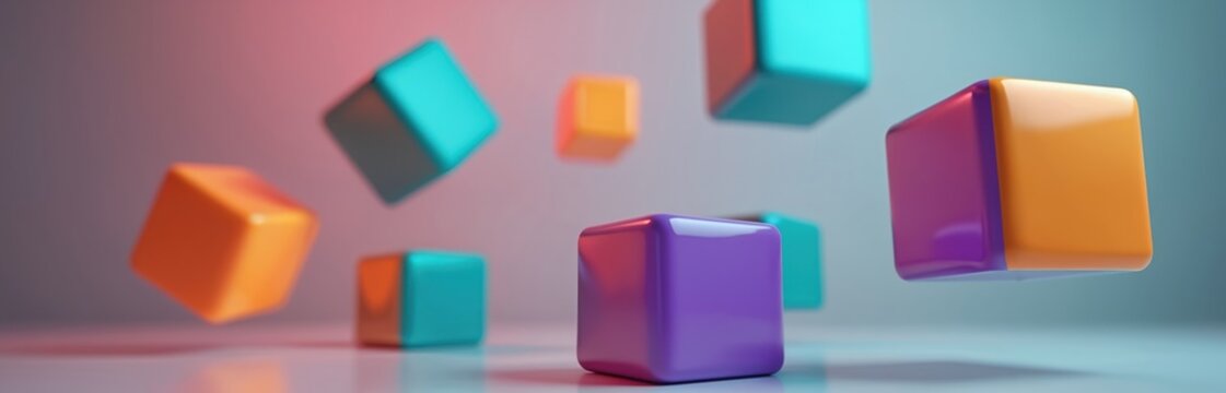 Several colorful cubes float and tumble in a studio. Orange, teal, purple, and yellow geometric shapes move in zero gravity. Modern abstract background with soft lighting and bokeh. - Powered by Adobe