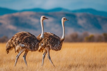 Obraz premium Two elegant ostriches standing tall in the golden grasslands, with mountains softly blurred in the background, showcasing the beauty of African wildlife.