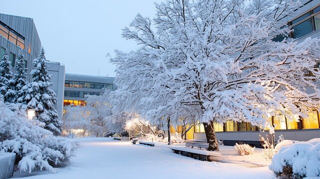Snow-covered university campus with trees and buildings in winter  