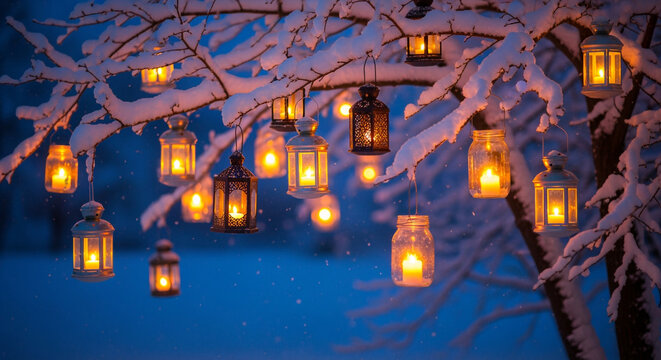雪の枝に吊るされたランタンと蝋燭の灯り、やさしいぬくもり