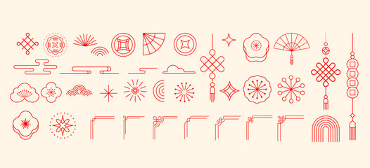 Minimalist linear red decorative elements for Chinese New Year designs