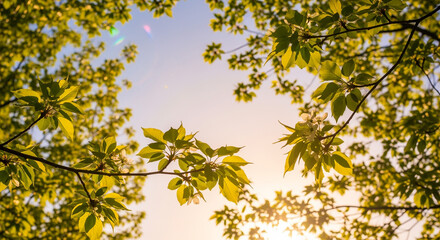 Obraz premium 朝のやわらかな光に包まれる春の樹冠、幻想感