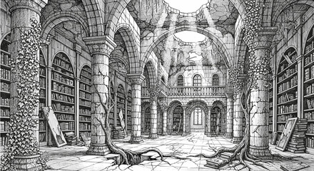 Fototapeta premium Enchanting ancient library ruins overgrown with vines illuminated by ethereal sunbeams detailed ink illustration