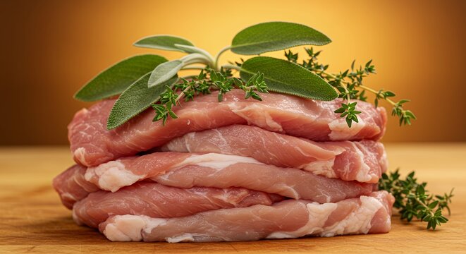 Raw Pork Chops with Herbs on Wooden Board