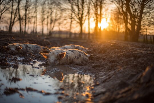 Relaxing pigs in a muddy pool enjoy the sunset in a rural scene, capturing the golden light and farm life with a touch of tranquility and contentment.
