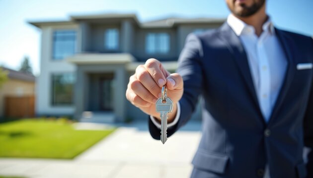 Male realtor holds house keys in hand. He is wearing a blue suit. Modern house at background. Business concept of real estate market investment.