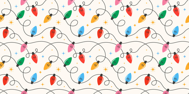 Colorful Christmas lights seamless pattern. Christmas background with festive lights garlands.