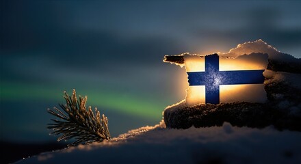 Finland flag silhouette glowing on snowy landscape with aurora borealis for Independence Day celebration, promotion poster, banner, greeting card.