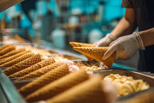 A close up of hands holding ice cream cones over a display case filled with various flavors, preparing to scoop a delicious treat at an ice cream shop.