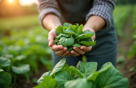 Farmer holds freshly picked spinach from a bio orchard. Green leaves gleam in soft sun. Healthy food grown with eco friendly farming methods, pure nature harvest.