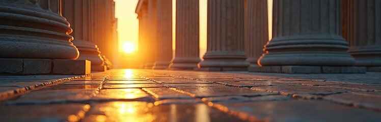 Stone pillars on a paved path with a bright sunset sky. Ancient architecture symbolizes law justice power and history. This scene suggests strength and stability.
