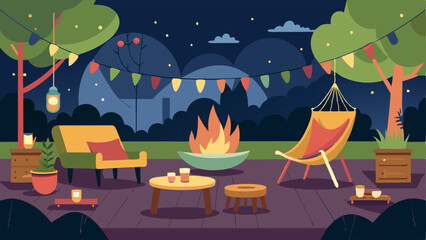Naklejka premium A backyard patio with an outdoor fireplace surrounded by string lights and cozy seating options like a hammock or hanging swing chair.