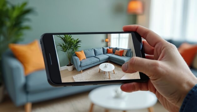 Person uses smartphone app to place virtual furniture in home interior. Augmented reality tech lets user visualize sofa placement before buying it online.