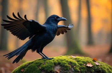 Fototapeta premium Raven sits on moss in forest. Black bird spreads wings in a woodland area. Dark plumage gleams in sunlight on avian creature preparing to take flight.
