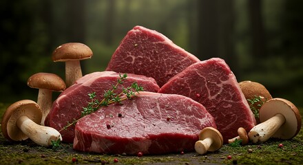 Raw Steaks and Mushrooms in Forest Setting