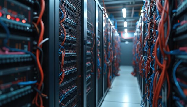Server room packed with blinking lights and tangled wires. Racks of computers hum with activity in a data center. Technology infrastructure for AI and cloud computing. - Powered by Adobe