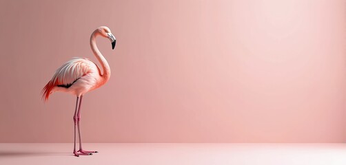 Fototapeta premium Elegant flamingo stands tall on pastel pink. Bird with slender legs poses gracefully against backdrop. Animal vibrant plumage, serene expression. Tropical avian creature in studio setting. Copy space.