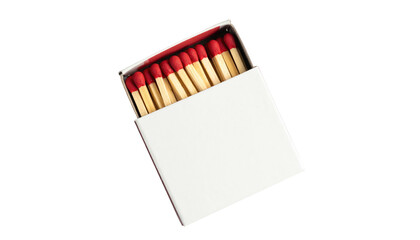 Angled overhead shot of a box of matches with red tips and neutral sticks. On a black background