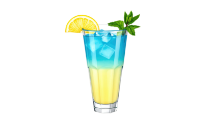 A tall glass cocktail drink, layered yellow/blue liquid with ice cubes, garnished with lemon slice and mint leaves