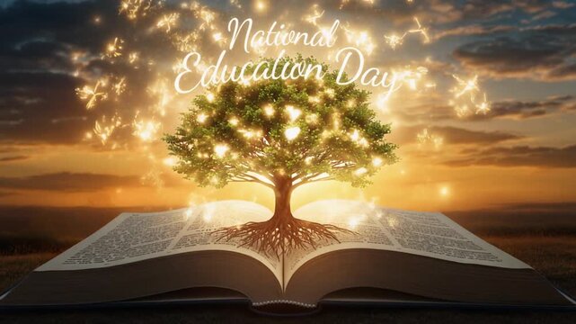 National Education Day celebration featuring a glowing tree of knowledge on an open book at sunset.